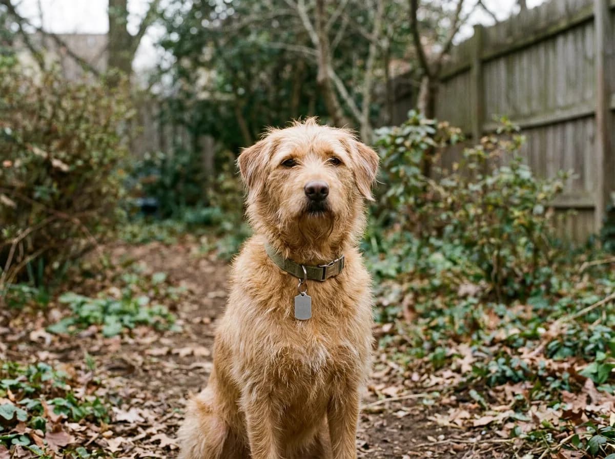 Golden-brown mixed-breed dog sitting on a leafy woodland trail wearing a grey nylon collar with a brushed metal ID tag