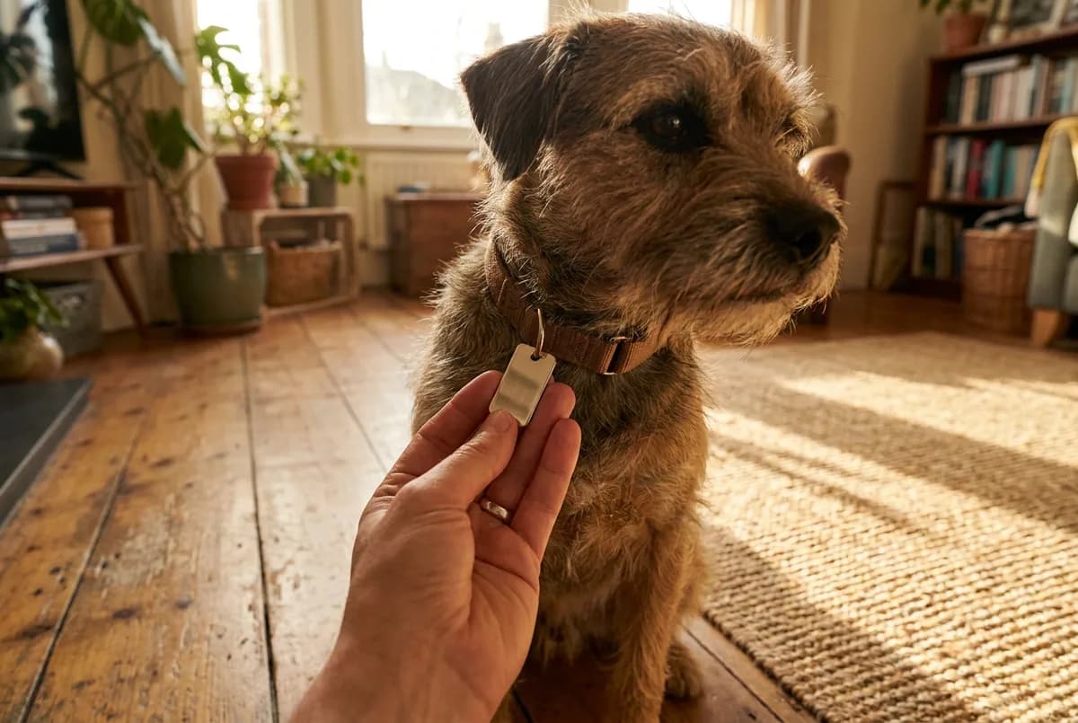 Hand holding a small stainless steel tag against the collar of a scruffy brown terrier in a sunlit living room