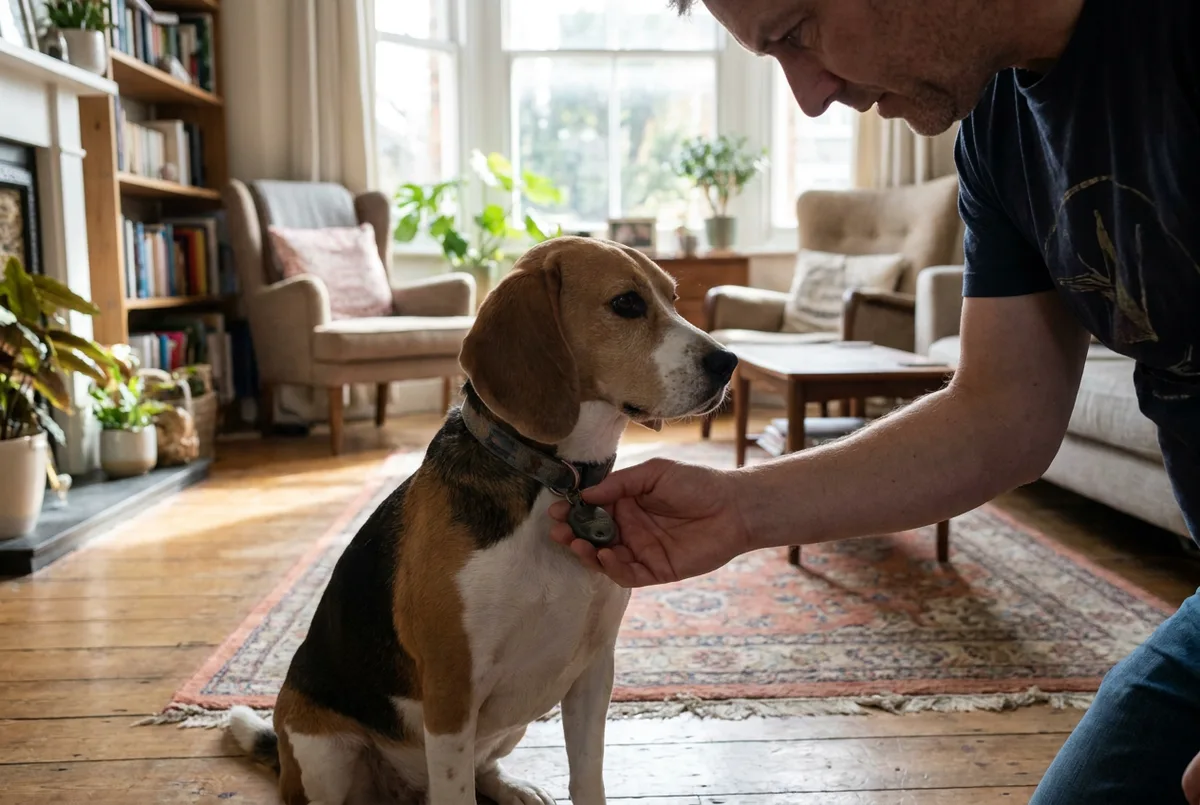 Owner kneeling on a rug to read the engraving on a beagle's collar tag by a bright window