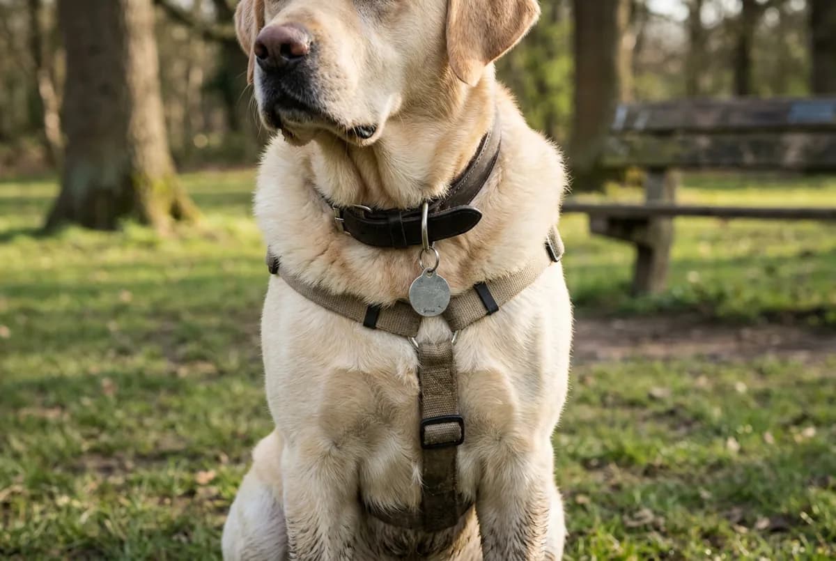 Yellow Labrador sitting in a park wearing a wide collar with a round stainless tag over a grey harness