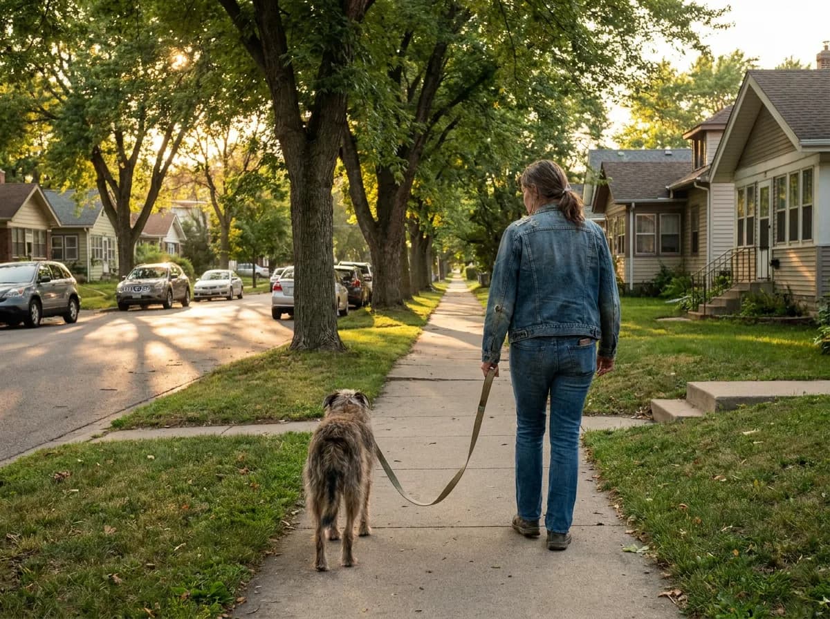 Woman walking a scruffy mixed-breed dog on a relaxed six-foot leash along a tree-lined suburban sidewalk at golden hour