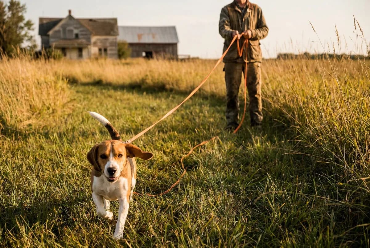 Beagle trotting through a grassy field on an orange long training line held by its owner standing far behind