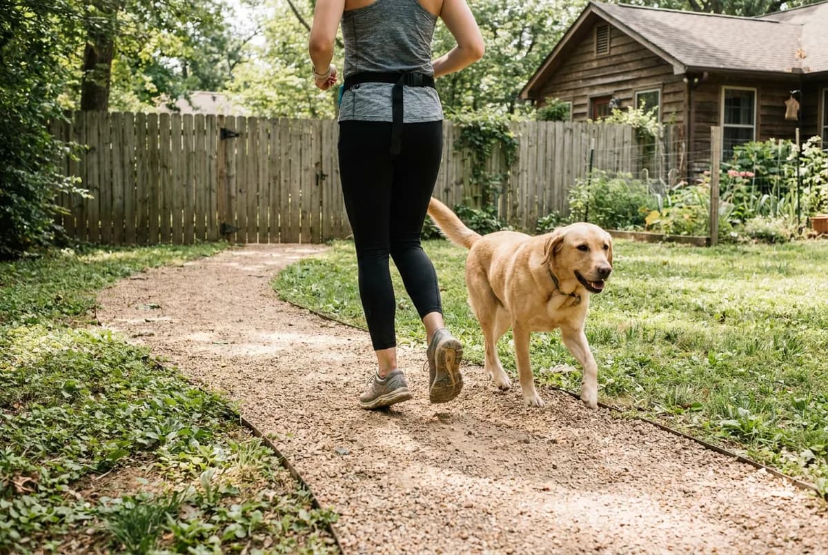 Jogger running on a gravel path with a golden Labrador clipped to a hands-free waist belt