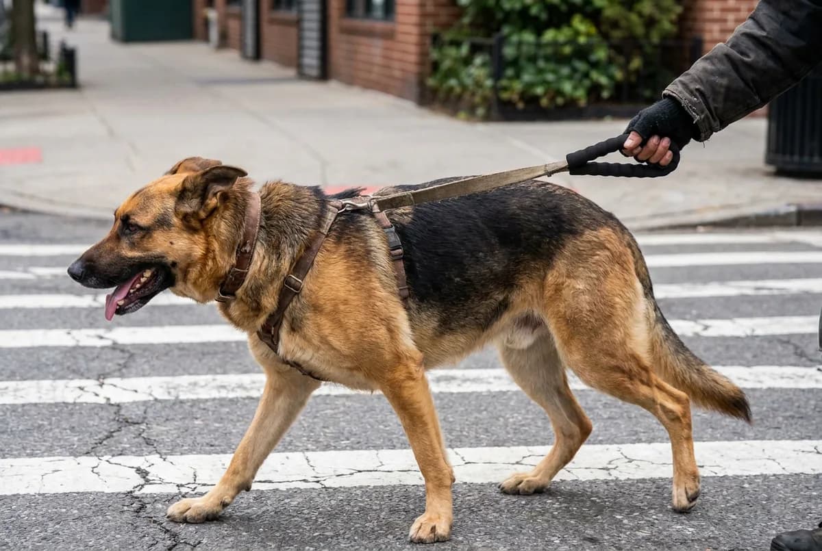 German shepherd pulling forward at a city crosswalk while its owner grips a padded leash handle