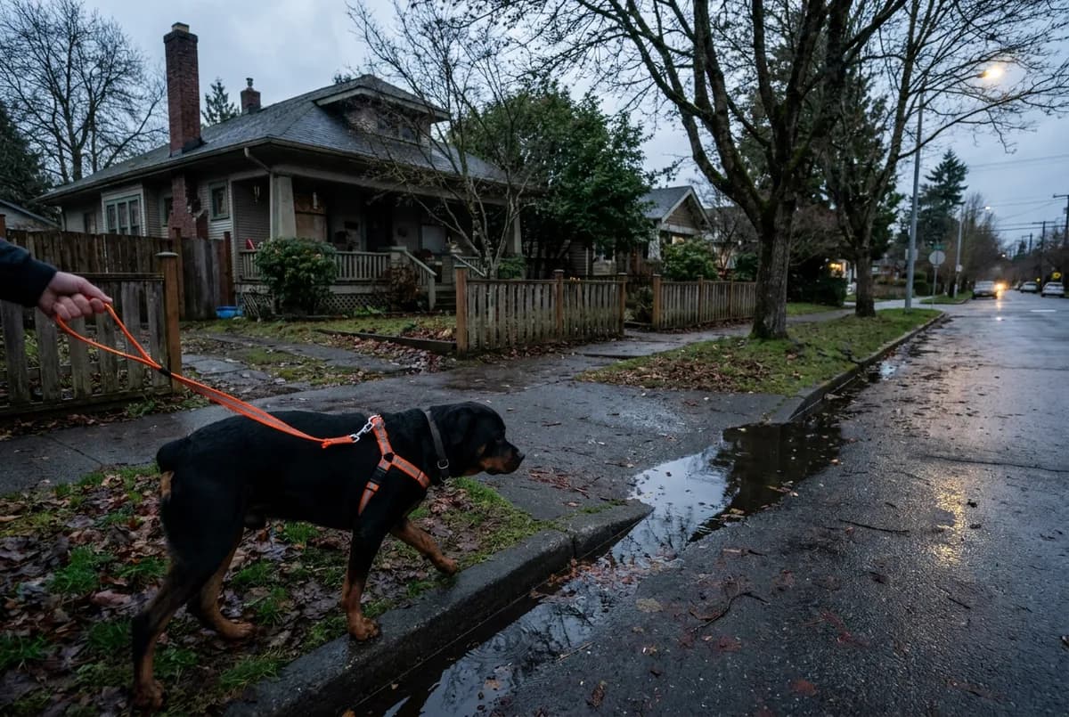 Rottweiler on an orange leash held short beside a wet curb at dusk