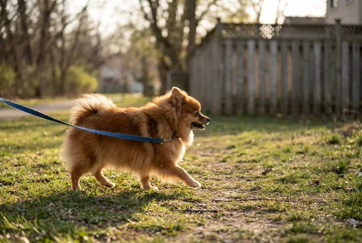 Fluffy Pomeranian trotting across a park lawn on a thin blue nylon leash
