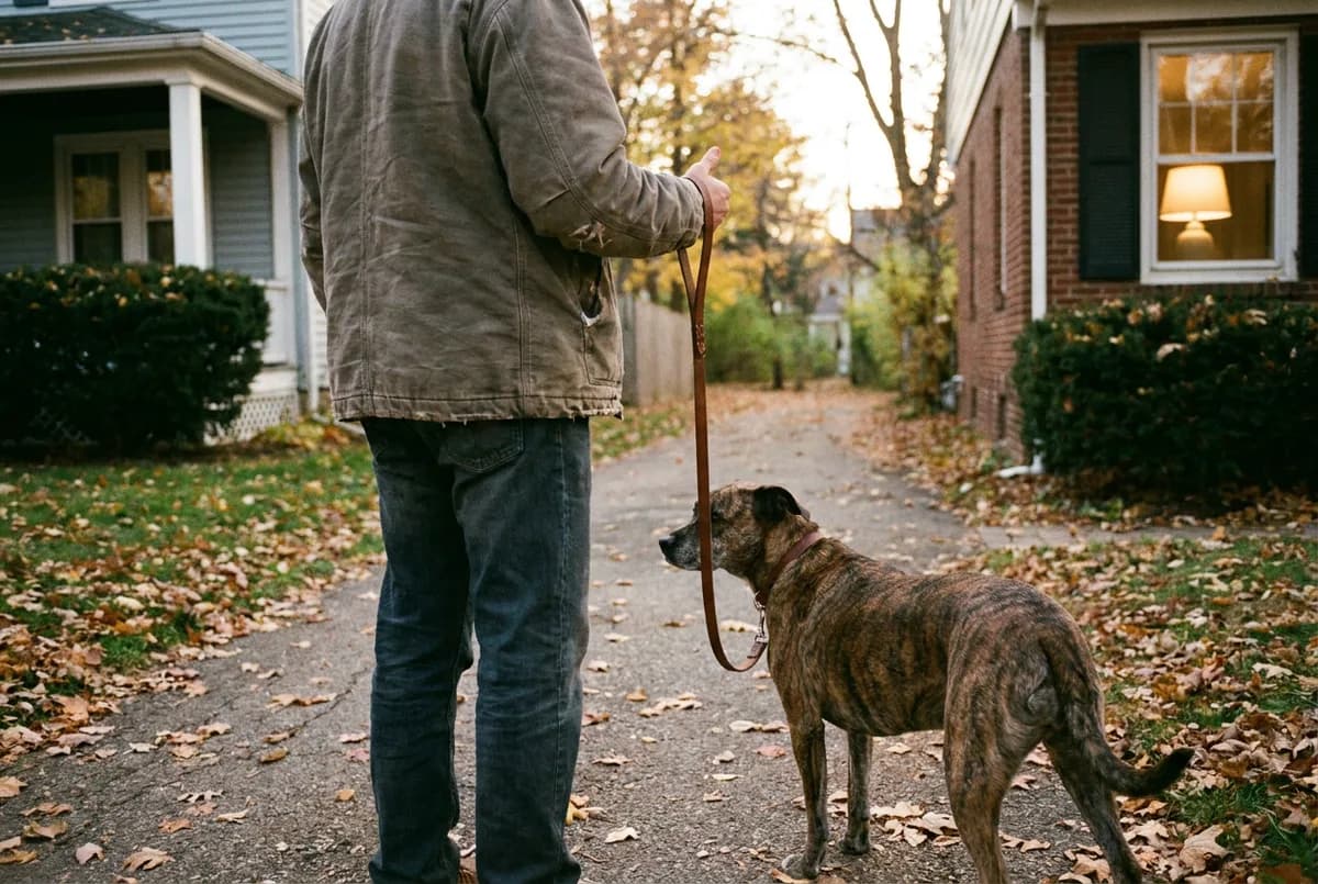 Person walking a brindle mixed-breed dog on a quiet leaf-covered lane, the leather leash looped over the thumb and hanging slack