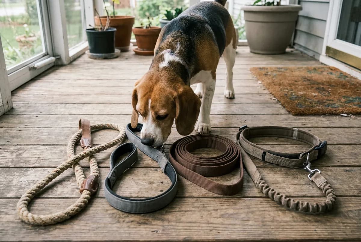 Beagle sniffing a rope leash, a padded nylon leash, a coiled long line and a bungee waist leash laid side by side on a wooden porch
