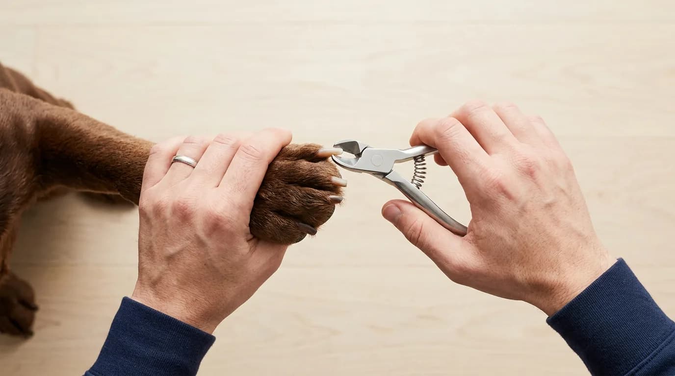 Overhead close-up of hands positioning plier-style clippers at a 45-degree angle on a brown dog's light-colored nail in bright daylight