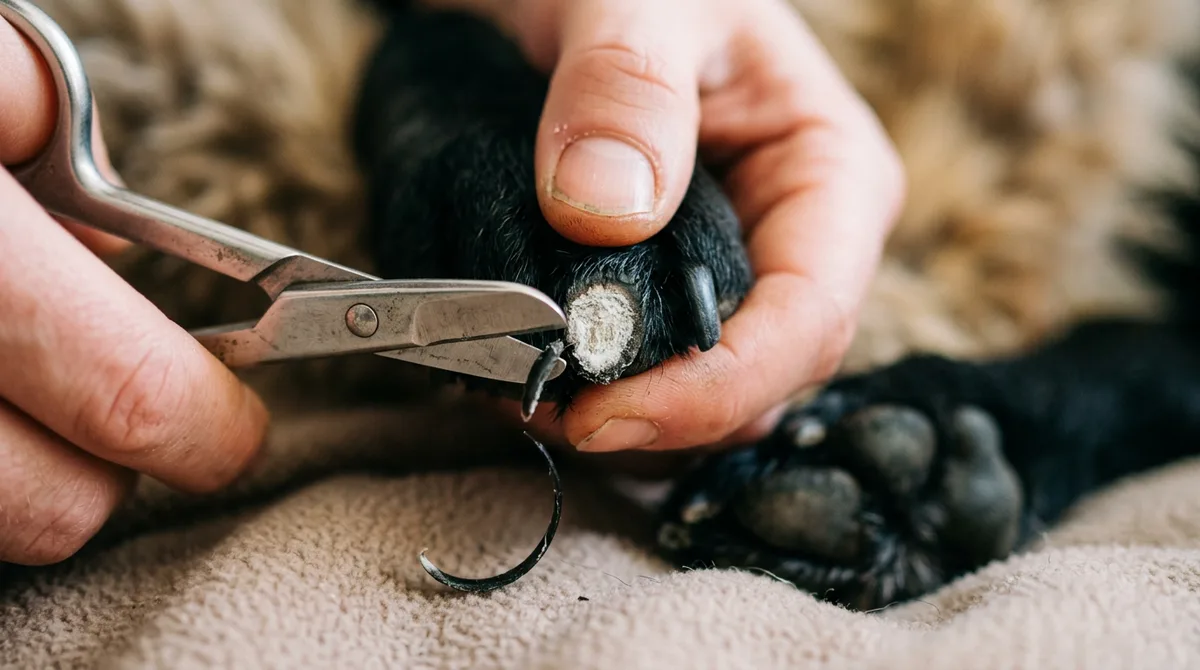 Close-up of a black dog nail trimmed in thin slivers showing the chalky pale cut center