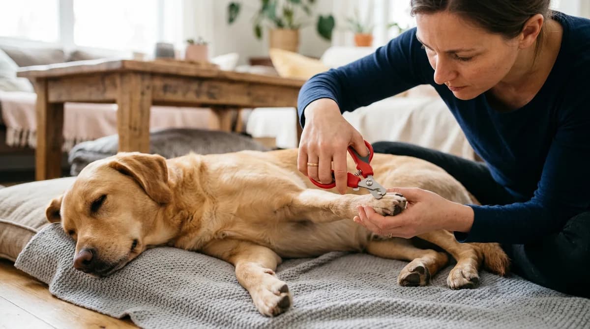 A red-handled scissor-style clipper trimming the front paw of a calm tan dog lying on its side