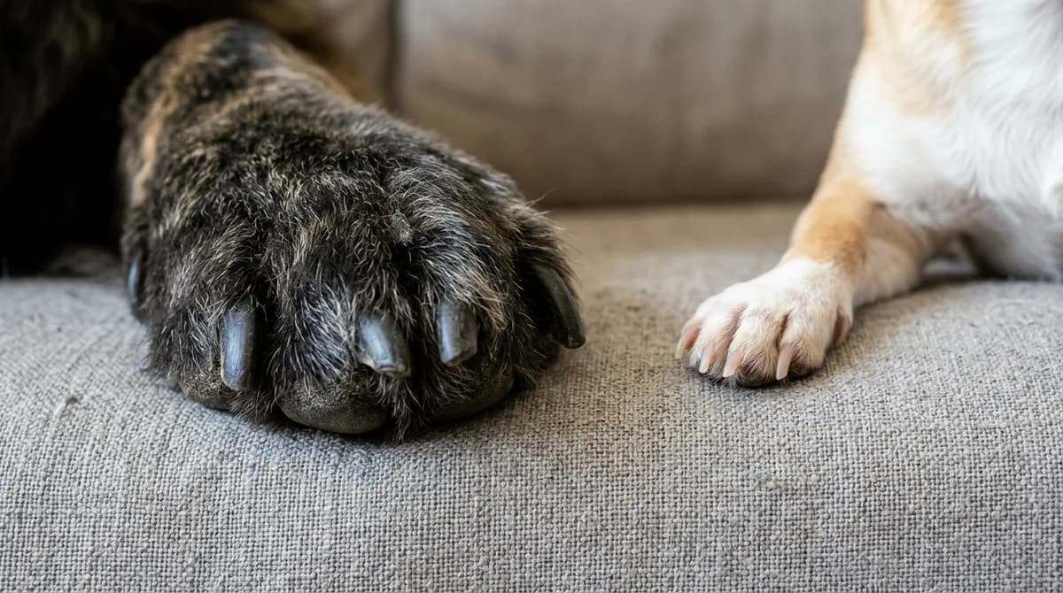A large dog's thick paw beside a small dog's tiny paw, showing how nail size differs