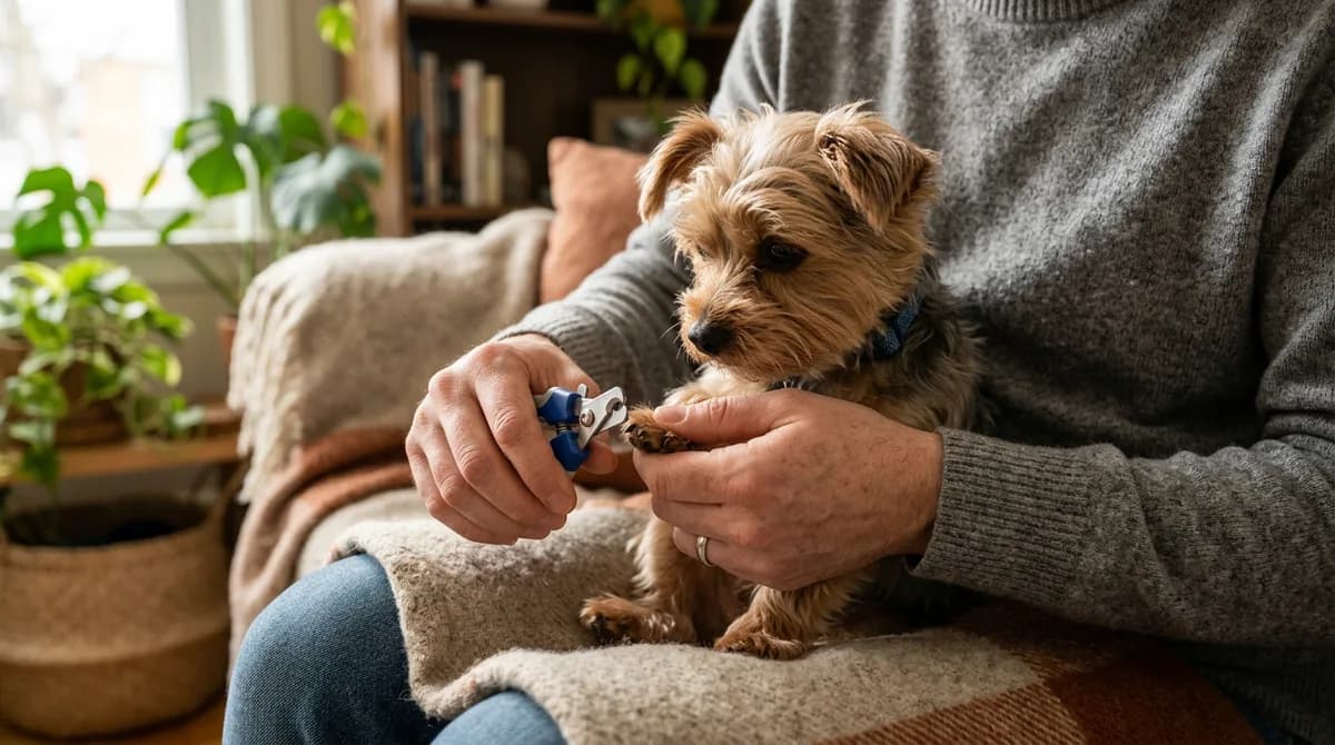 A small terrier-type dog in a lap having a front nail trimmed with a small guarded clipper