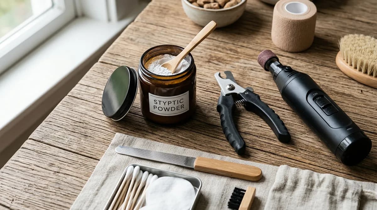 A dog nail-care kit: open styptic powder, a scissor-style clipper, and a rotary grinder on wood