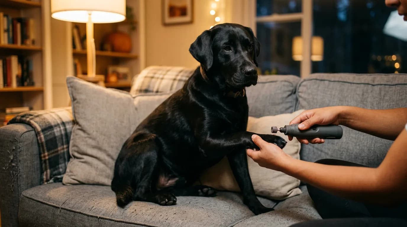 A person using a small rotary nail grinder on a calm black Labrador's paw on a gray couch under warm evening lamp light