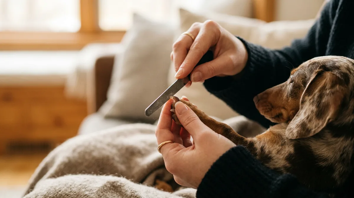 A hand drawing a manual diamond nail file across a small dog's nail as a quiet finishing tool