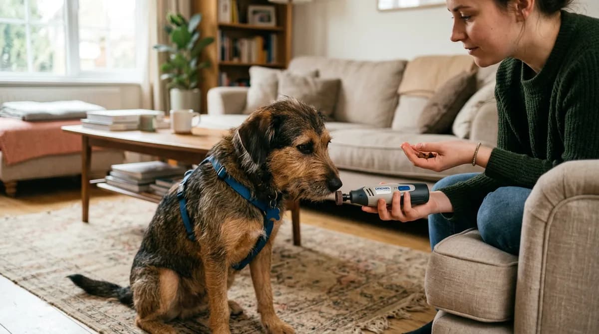A cautious rescue dog sniffing a switched-off nail grinder while a hand offers a treat