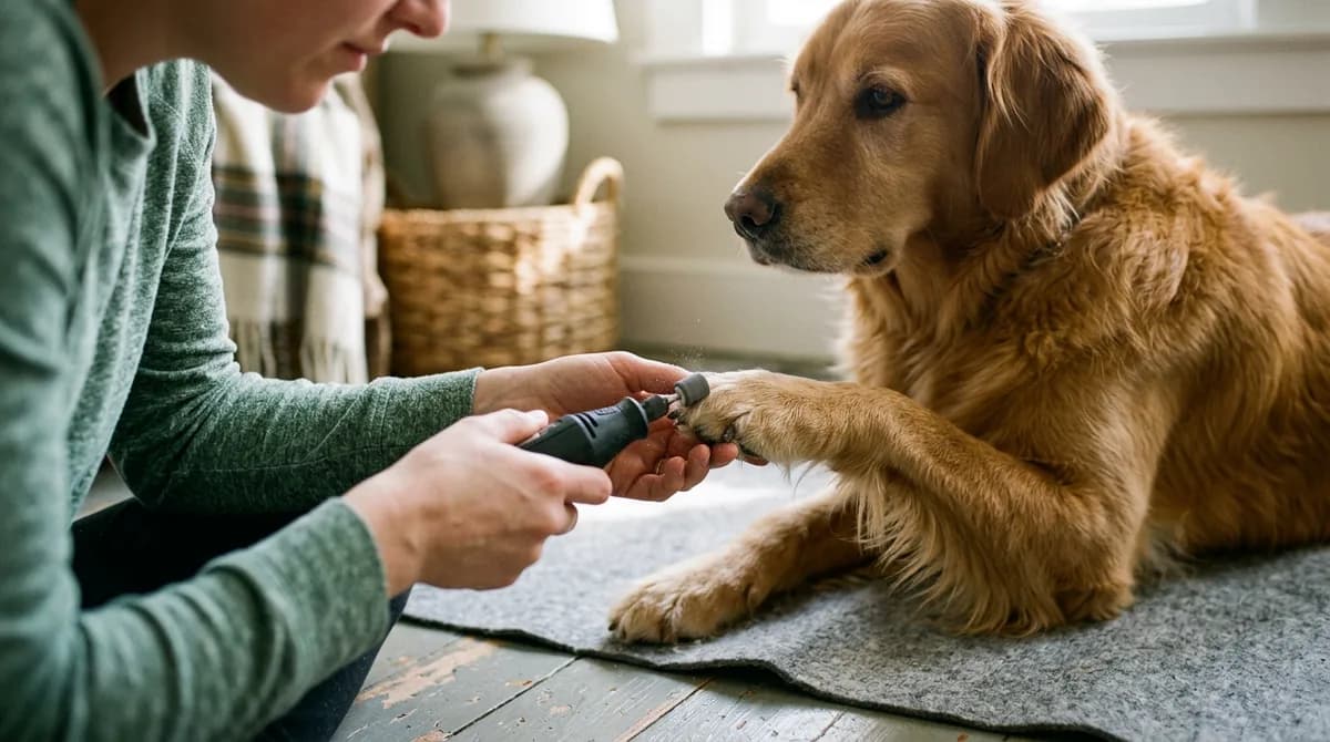 A rotary nail grinder held to a calm golden retriever's front paw in bright daylight