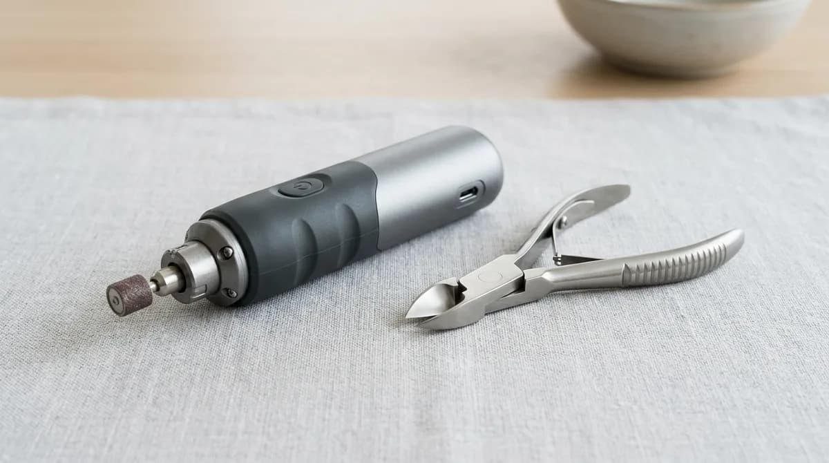 A rotary nail grinder beside a scissor-style clipper, laid side by side for comparison