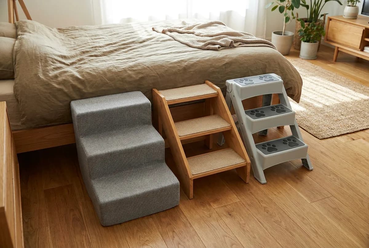Three sets of dog steps side by side on a bedroom floor beside a bed: a grey foam staircase, a small carpeted wooden step and a grey plastic folding step