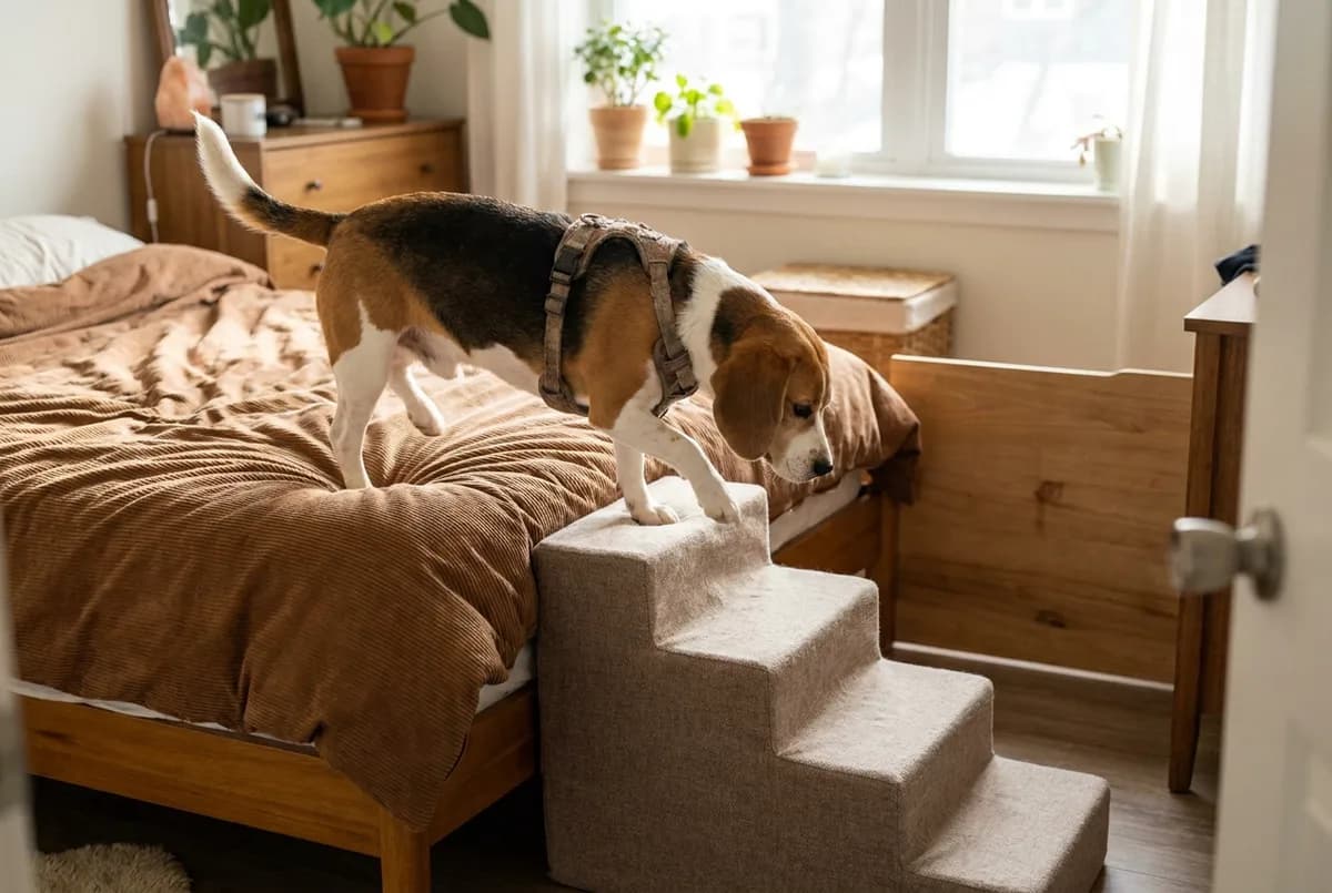 Beagle in a harness stepping down from a corduroy-covered bed onto a four-step beige foam staircase