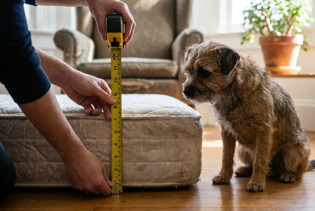 Hands holding a yellow tape measure from the floor to the top of a mattress while a border terrier sits beside the bed