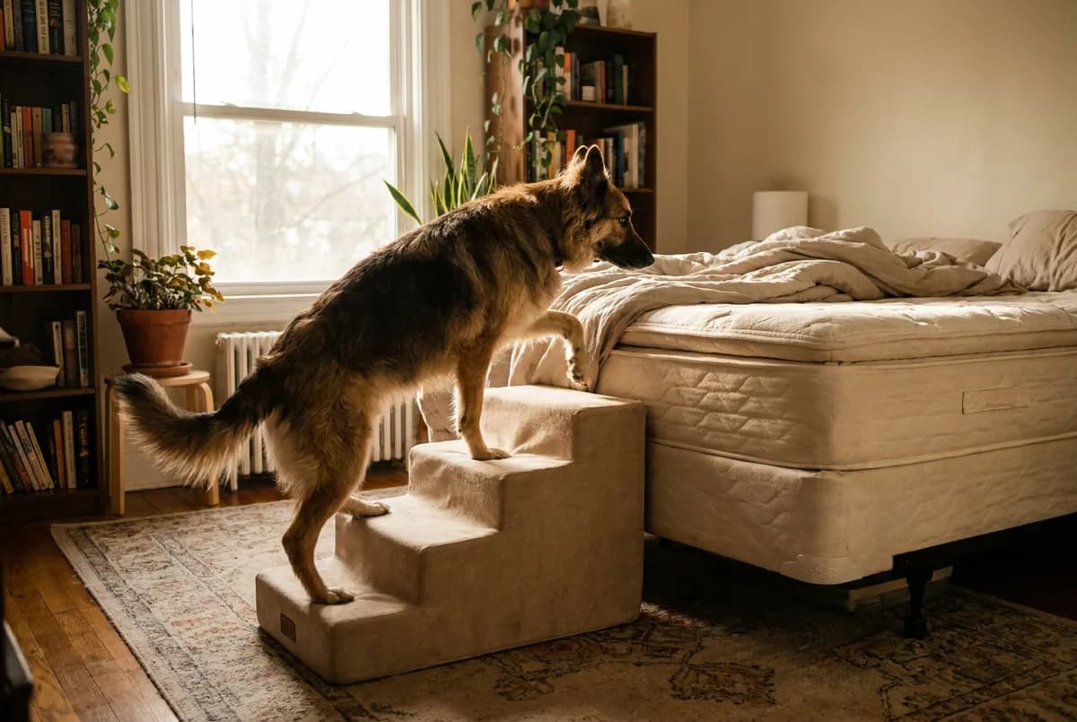 German shepherd mix climbing a tall five-step beige foam staircase beside a high platform bed in a sunlit bedroom