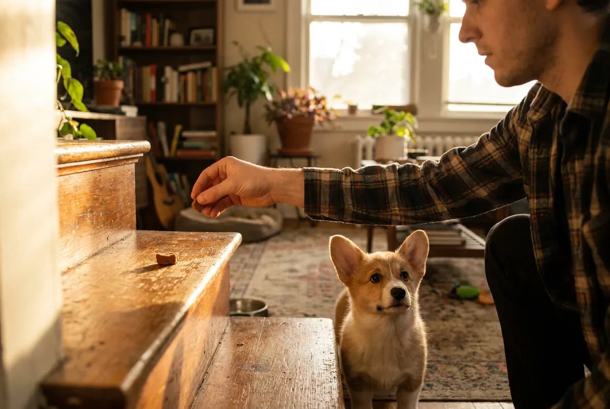 Owner placing a treat on the second step of a wooden pet stair while a corgi puppy looks up from the floor
