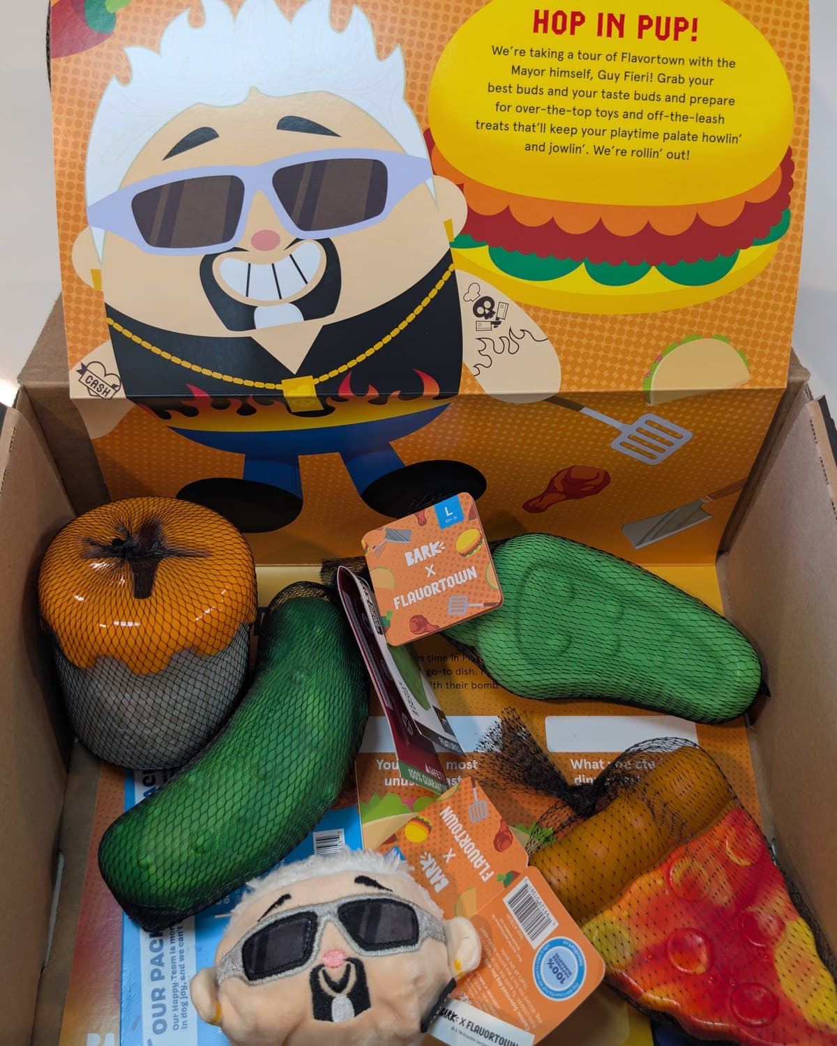 Open BarkBox flat lay with six mesh-sleeved toys including a pickle, chili, plush head and pizza slice