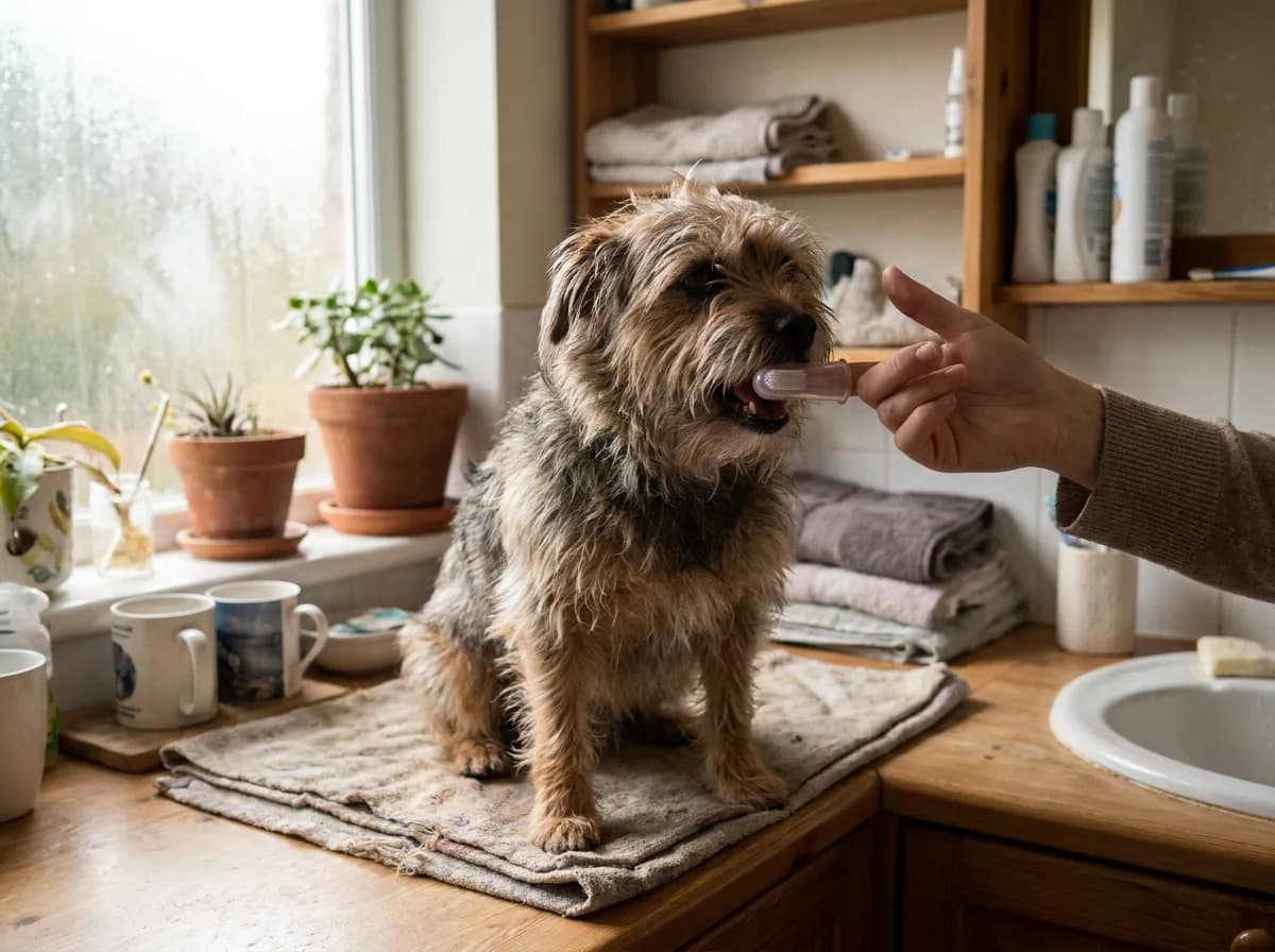 Scruffy terrier mix sitting on a folded towel on a bathroom counter while an owner's hand brings a small dog toothbrush to its mouth