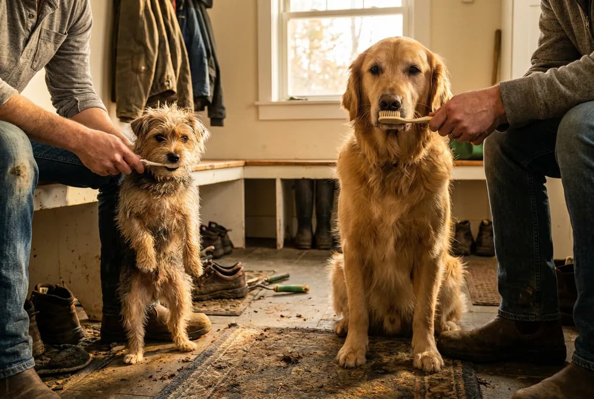 A small terrier and a golden retriever sitting side by side in a mudroom while two owners hold a small and a large dog toothbrush to their mouths