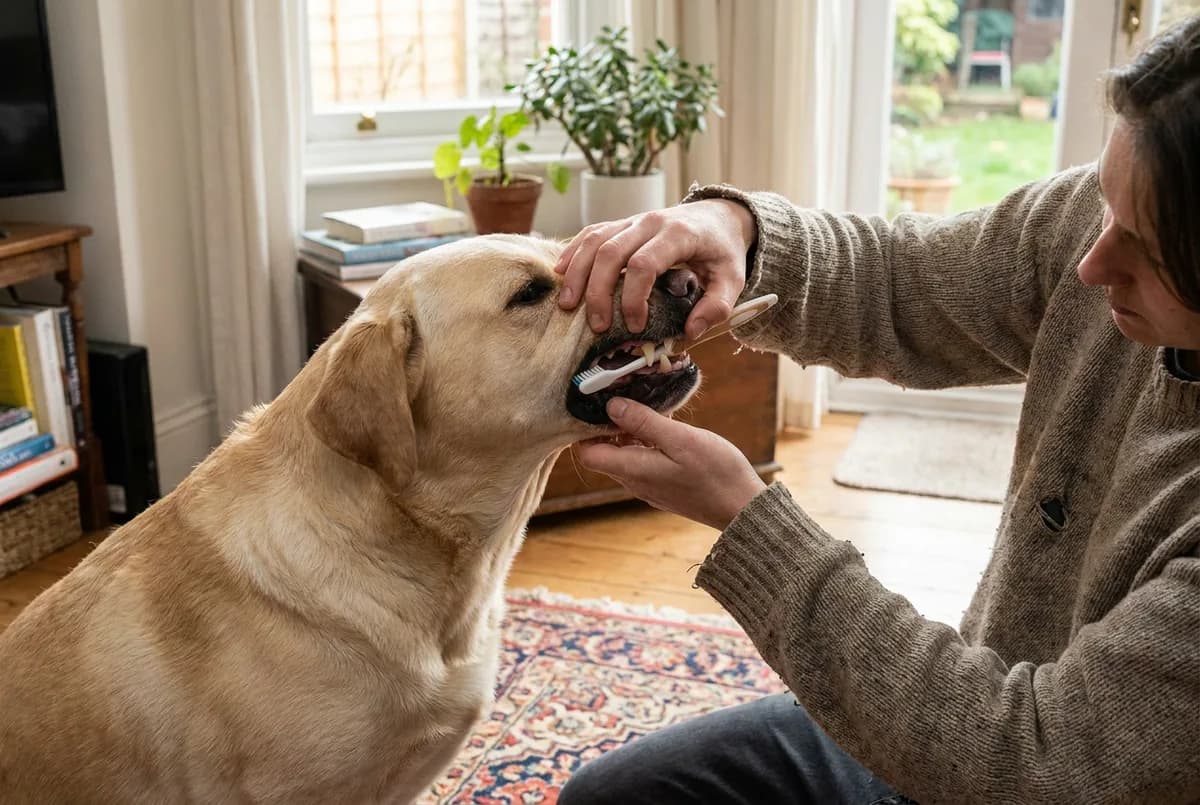 Owner kneeling on a rug lifting a yellow Labrador's upper lip to brush the outer back teeth with a long-handled dog toothbrush