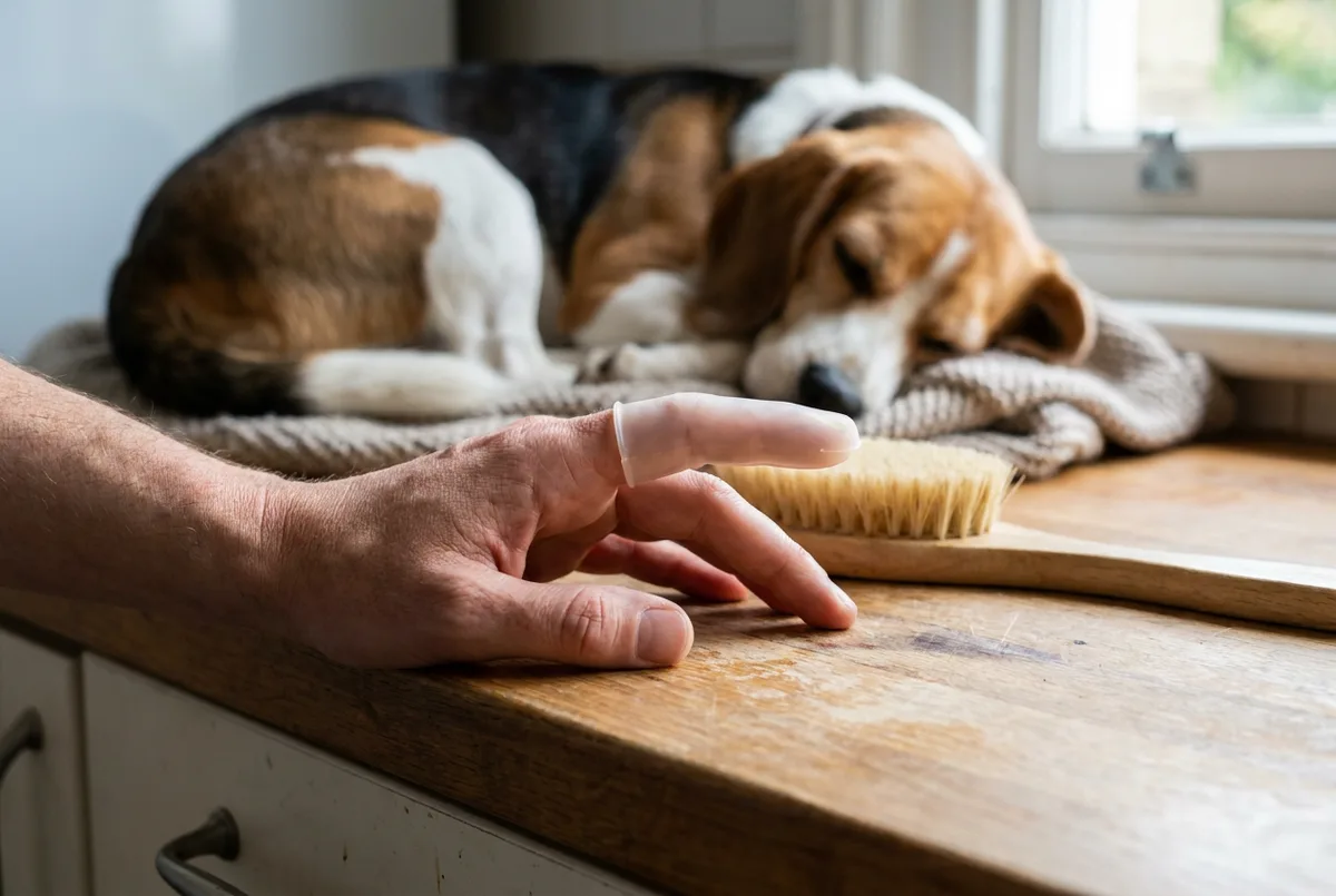 Close view of a hand wearing a silicone finger toothbrush beside a bristle dog toothbrush on a kitchen counter, with a beagle asleep in the background