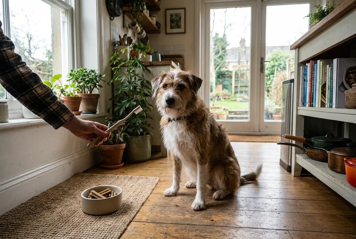 Wire-haired terrier mix sitting on a kitchen floor beside a bowl of dental chews while its owner holds a dog toothbrush