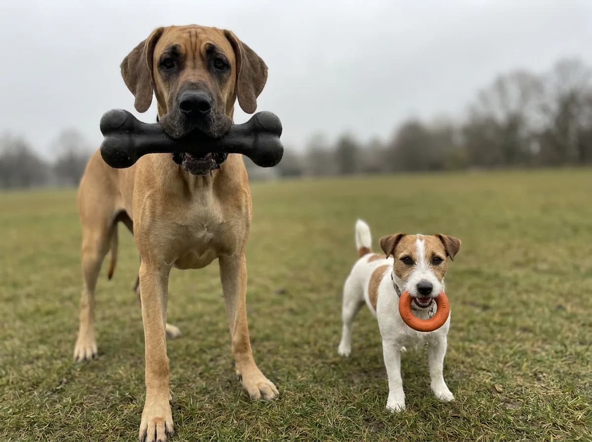 A large dog and a small dog holding differently shaped toys.
