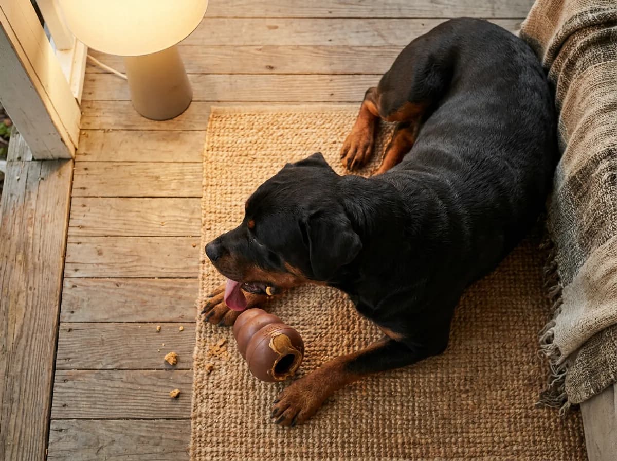 Rottweiler lying on a porch with a brown chew between its paws.
