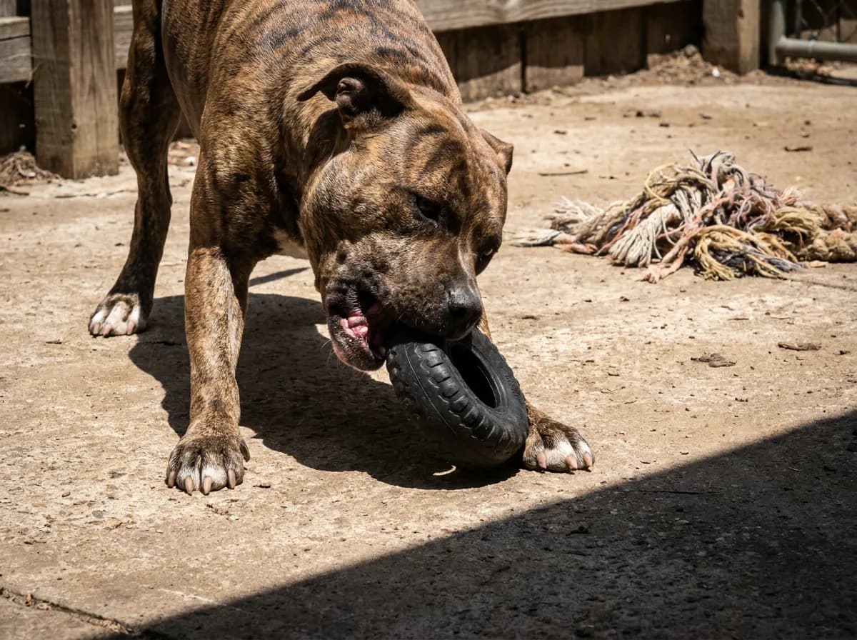 Brindle American Staffordshire terrier on a sunlit concrete patio biting down on a black rubber ring toy, a shredded rope toy behind it