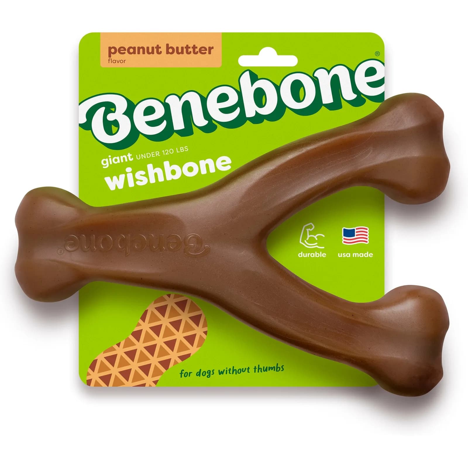Benebone peanut-butter-flavored Wishbone chew in its packaging.