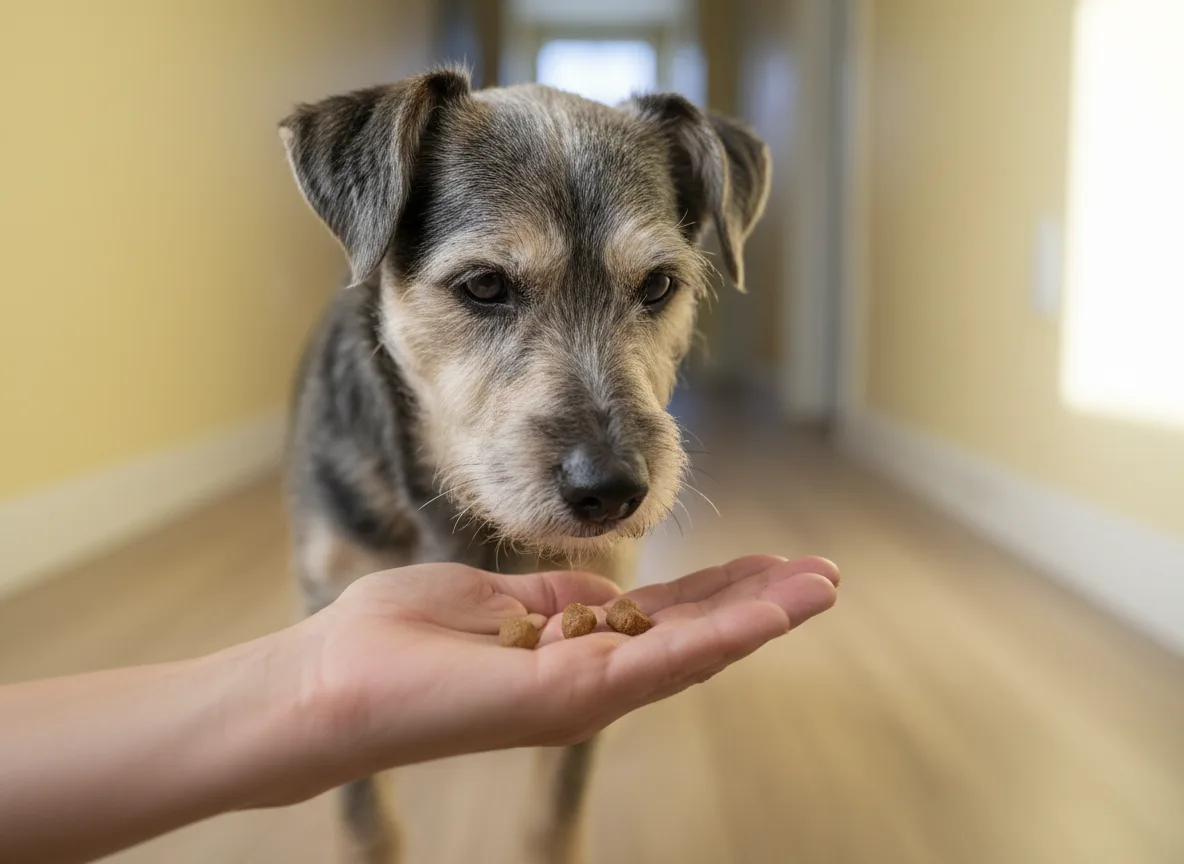 Small terrier watching several food reward pieces in an open palm.