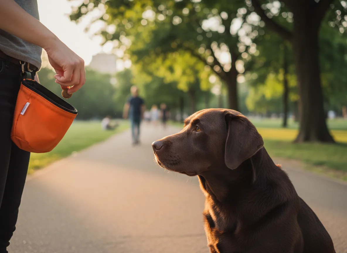 Labrador watching a handler reach toward an orange treat pouch.