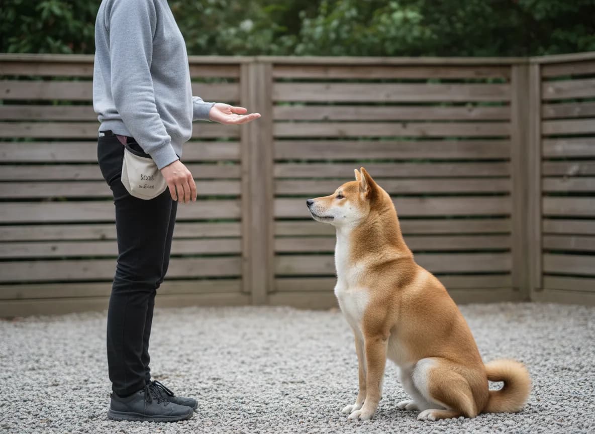 Shiba Inu responding to an owner’s empty-hand cue in a courtyard.