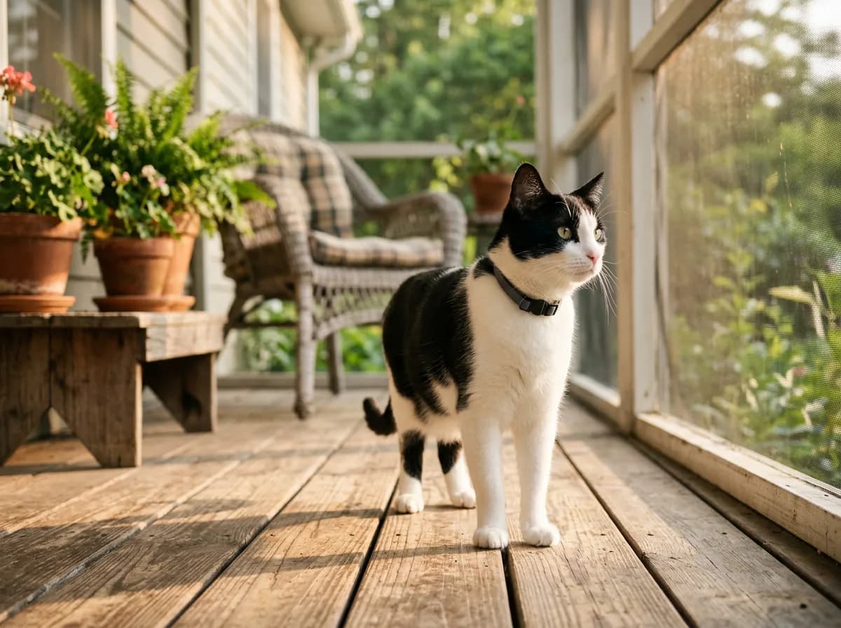 Black-and-white cat wearing a slim dark collar stands on a sunlit wooden porch beside potted ferns and flowers.