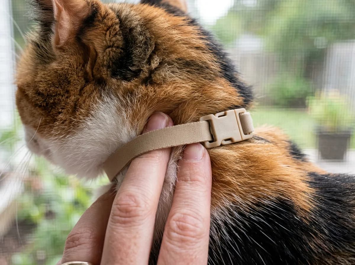 Close-up of a person's hands buckling a tan breakaway collar around a calico cat's neck near a screened window.