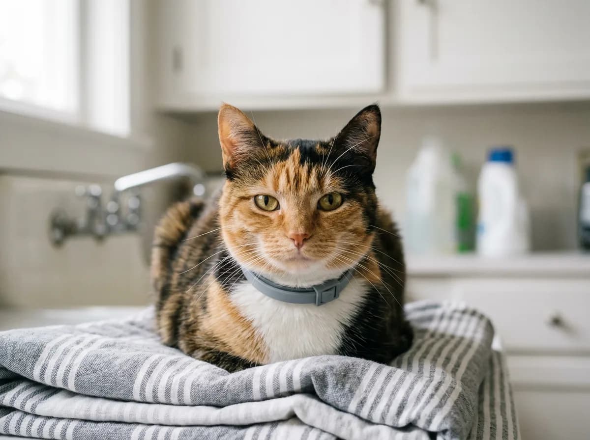 Brown tabby cat wearing a gray collar rests on folded gray-striped towels in a bright kitchen or laundry area.