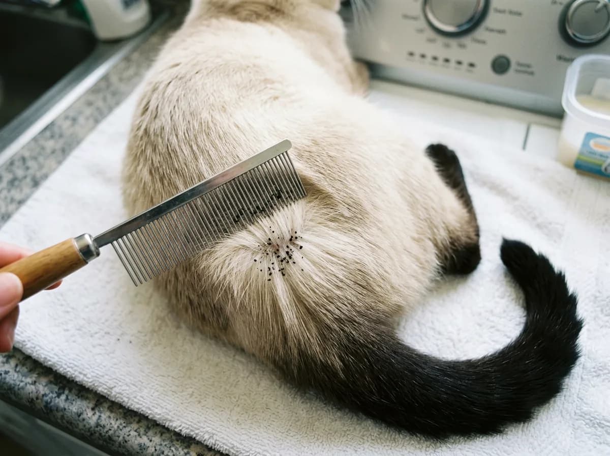 A hand runs a metal flea comb through a pale Siamese cat's lower back on a towel, revealing dark flea-dirt specks in the fur.