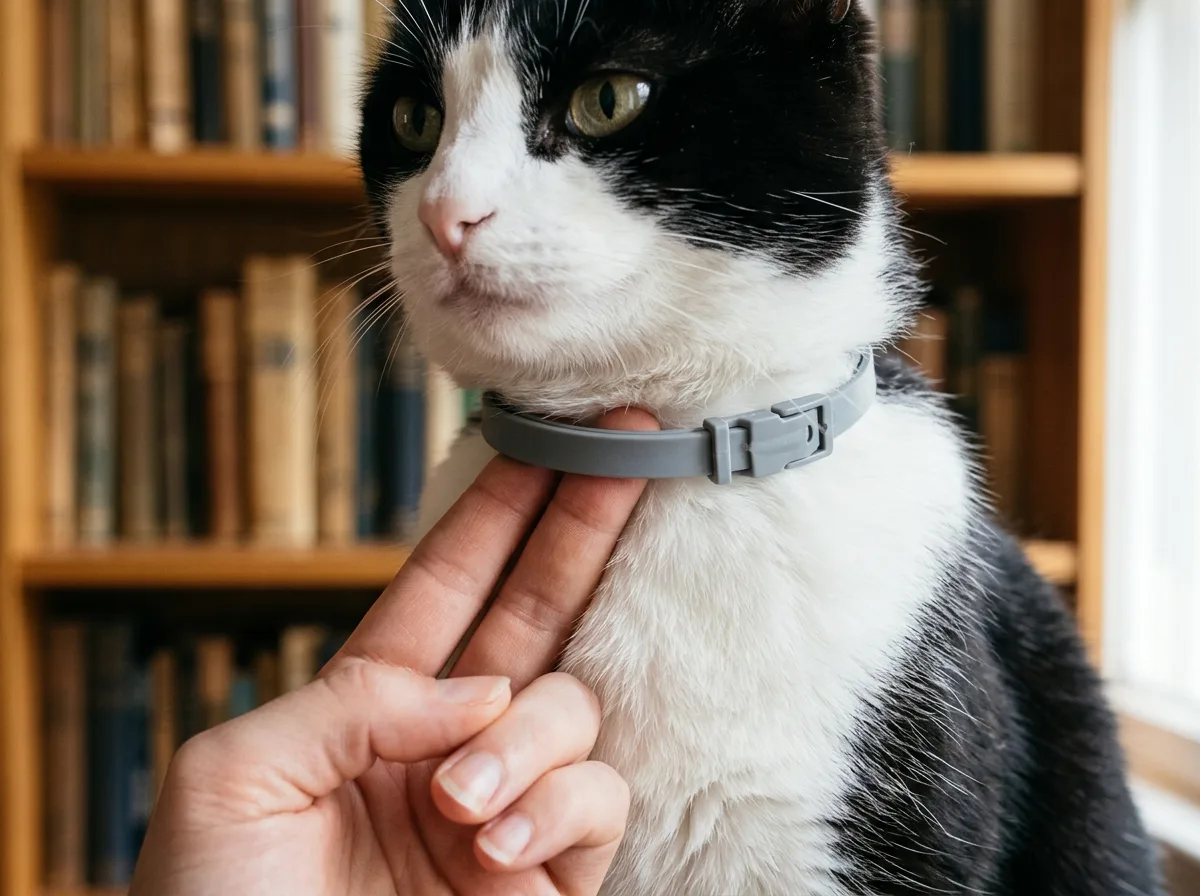 Two fingers slide under a plain grey breakaway flea collar on a tuxedo cat's neck to check a correct two-finger fit