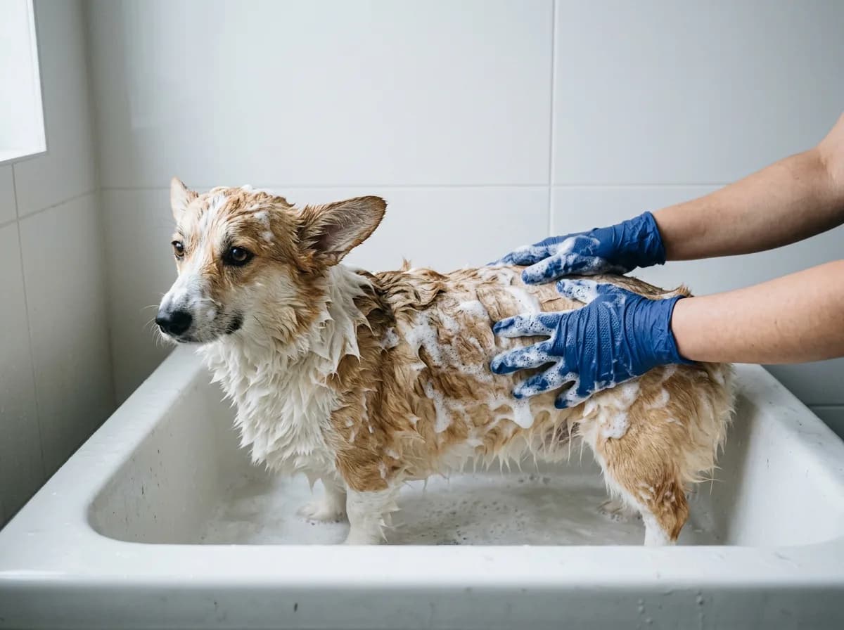 A corgi stands in a white tub while a person in blue rubber gloves works shampoo lather into its wet fur.