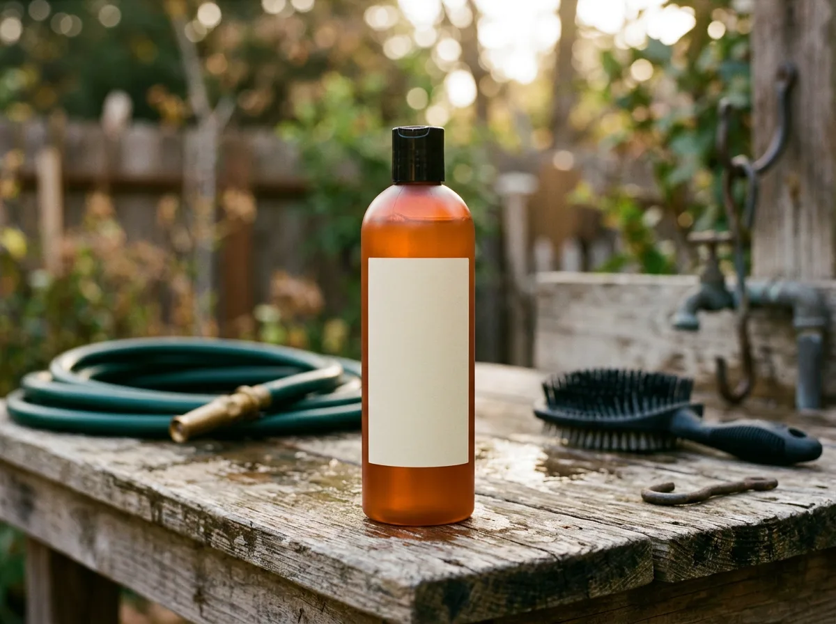 Amber plastic bottle with a blank white label sits on a weathered wooden table outdoors beside a coiled hose and a grooming brush.