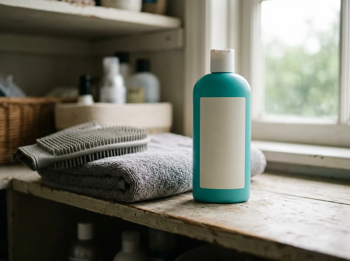 Teal plastic bottle with a blank white label sits on a rustic wooden table near a folded gray towel and a grooming brush by a window.