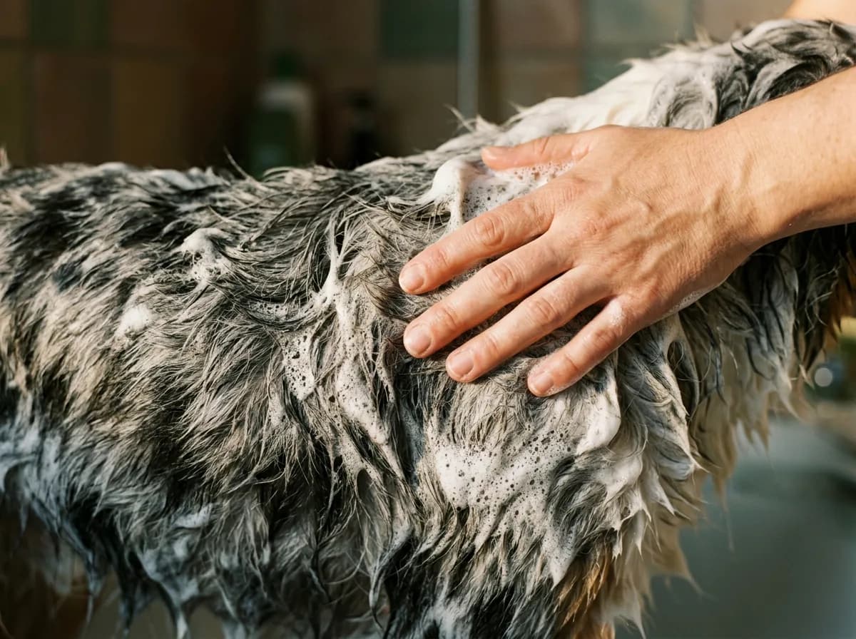 A close-up of a bare hand working shampoo lather into the wet gray and white coat of a dog during a bath.